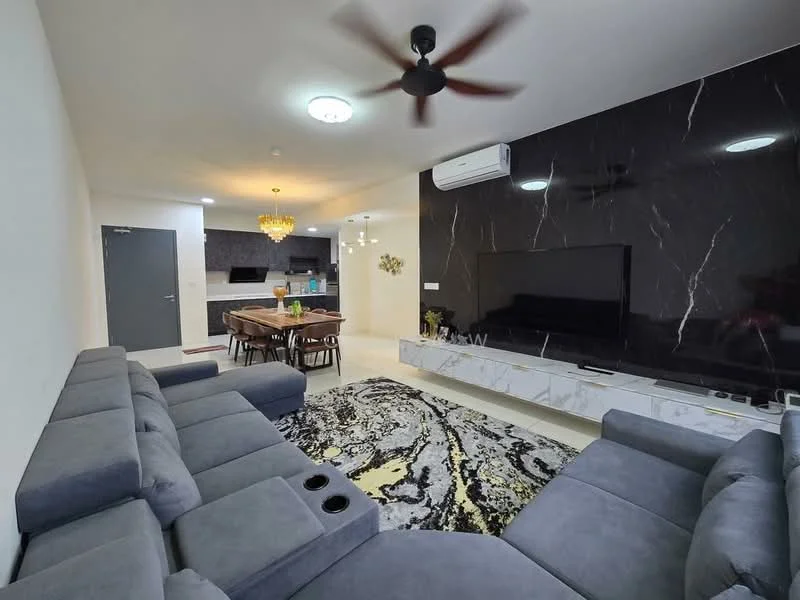 Living features: L-shape sectional sofa in grey, coffee table, TV console, wall-mounted TV, area rug with abstract pattern, recessed downlights, ceiling fan, white walls, black accent wall with marble finish, built-in cabinetry, dining area visible in background; style: modern.
