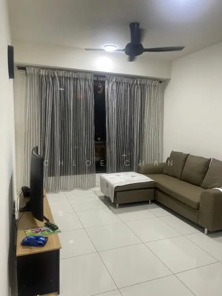 Living features: 3-seater fabric sofa in beige, coffee table, wall-mounted TV, TV console, floor-to-ceiling windows with sheer curtains, white painted walls, glossy ceramic tile flooring, ceiling fan, recessed downlights; style: modern; view: city.