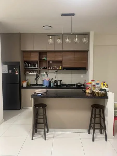 Kitchen features: black granite countertop, brown cabinetry with upper shelves, stainless-steel fridge, built-in oven, microwave, kettle, toaster, 4-burner gas hob, pendant lighting, white tiled backsplash, white tiled flooring, bar stools, open shelving, wall-mounted cabinets; style: modern.