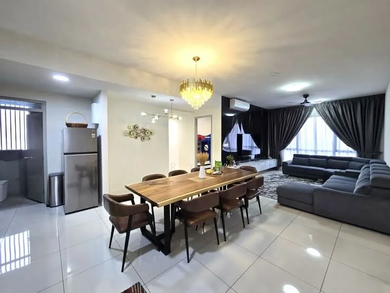 Dining features: 6-seater dining table, wooden dining table, upholstered dining chairs, chandelier light fixture, decorative wall art, white walls, recessed lighting, tile flooring; style: modern. Living features: L-shape sectional sofa in grey, coffee table, area rug, floor-to-ceiling windows, curtains, wall-mounted TV, air conditioning unit, light-colored walls; style: modern. Kitchen features: stainless-steel fridge, open layout, tile flooring, white cabinetry, counter space; style: modern.