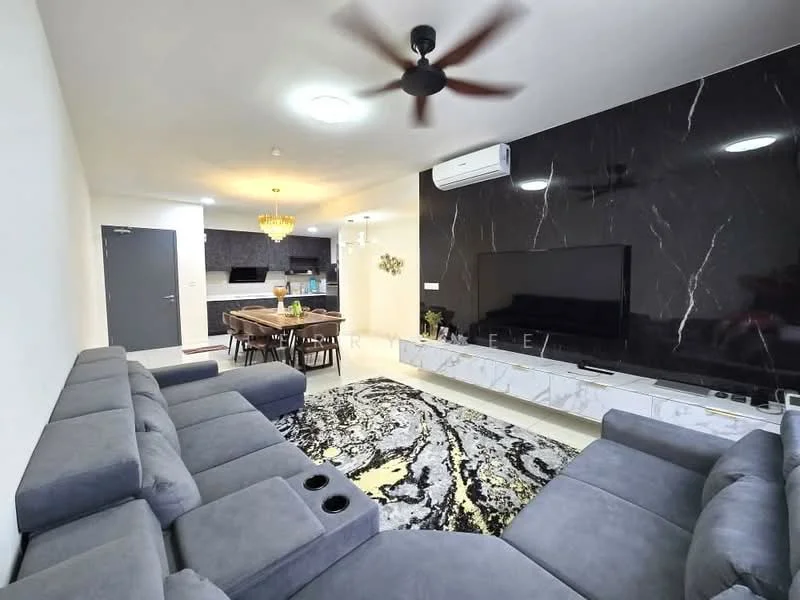 Living features: L-shape sectional sofa in grey, coffee table, wall-mounted TV, TV console with storage, area rug with abstract pattern, ceiling fan, recessed downlights, marble feature wall, open layout to dining area, decorative wall art; style: modern.