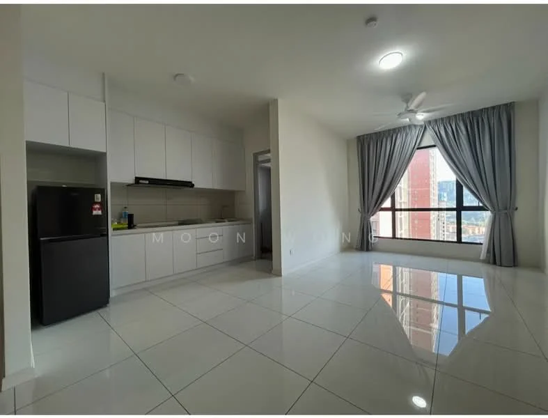 Living features: white painted walls, glossy tile flooring, 5-blade ceiling fan with light, floor-to-ceiling windows, grey curtains, black fridge, white cabinetry, kitchen countertop, stainless-steel sink, built-in oven, cooktop, open layout; style: modern; view: city.