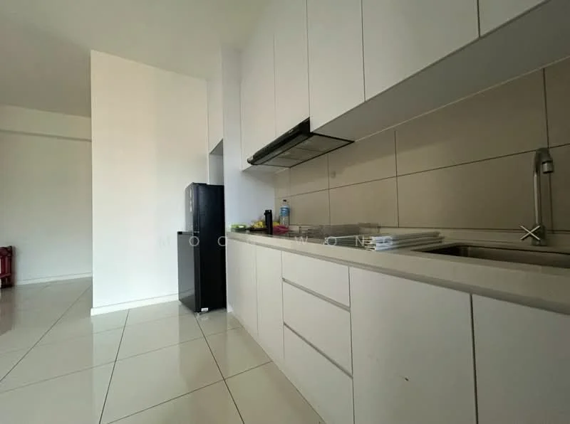 Kitchen features: white cabinetry, stainless-steel sink, chrome pull-down faucet, built-in oven, freestanding fridge, ceramic tile flooring, white tiled backsplash, countertop with overhang, under-cabinet lighting, wall-mounted range hood; style: modern.