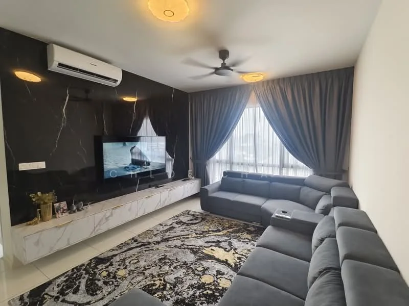 Living features: 3-seater fabric sofa in grey, L-shape sectional sofa, marble TV console, wall-mounted TV, area rug with abstract pattern, floor-to-ceiling windows, sheer curtains, blackout curtains, ceiling fan with light, split air conditioning unit, decorative wall with black marble finish, light fixture with circular design; style: modern; view: city.