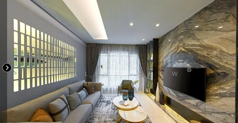 Living features: grey fabric sofa, round coffee table, decorative cushions, wall-mounted TV, marble feature wall, light grey painted walls, floor-to-ceiling windows, sheer curtains, recessed ceiling lights, area rug with geometric pattern, accent chair, decorative plants; style: modern.