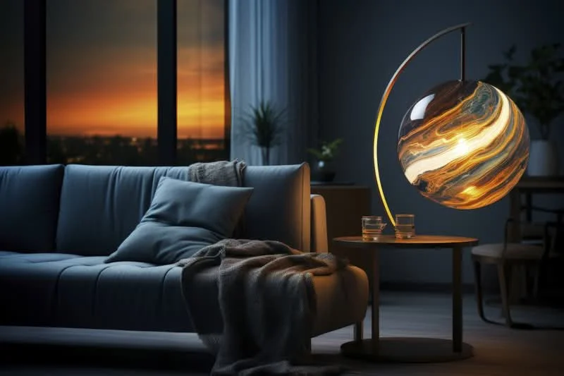 Living features: 3-seater fabric sofa in light grey, decorative throw blanket, round wooden side table, unique globe-shaped lamp, two drinking glasses on table, floor-to-ceiling windows, curtains, indirect lighting, plant in pot, wooden flooring; style: modern; view: city.