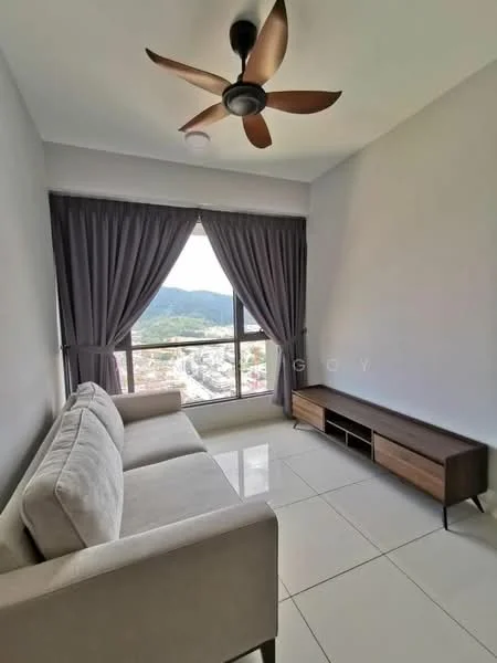 Living features: 3-seater fabric sofa in light grey, floor-to-ceiling windows, curtains in dark grey, ceiling fan with 3 blades, light-colored walls, glossy tile flooring, wooden TV console, mountain view; style: modern; view: mountain.