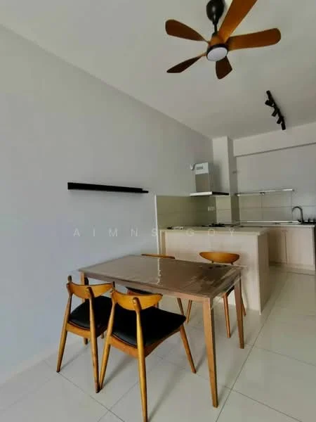 Dining features: 4-seater dining table with metallic surface, wooden dining chairs with black cushions, white painted walls, light-colored tiled flooring, ceiling fan with wooden blades, kitchen countertop visible in background, open kitchen layout, wall-mounted shelf; style: modern.