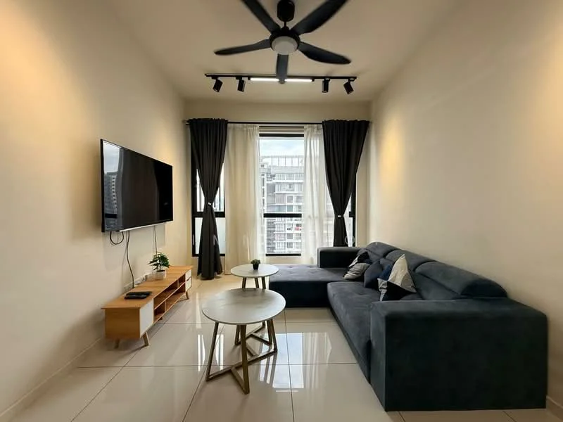 Living features: 3-seater fabric sofa in dark grey, coffee table with metallic legs, wall-mounted TV, TV console in light wood, floor-to-ceiling windows, blackout curtains, recessed LED downlights, 5-blade ceiling fan with light, glossy tile flooring, decorative plant on table; style: modern; view: city.