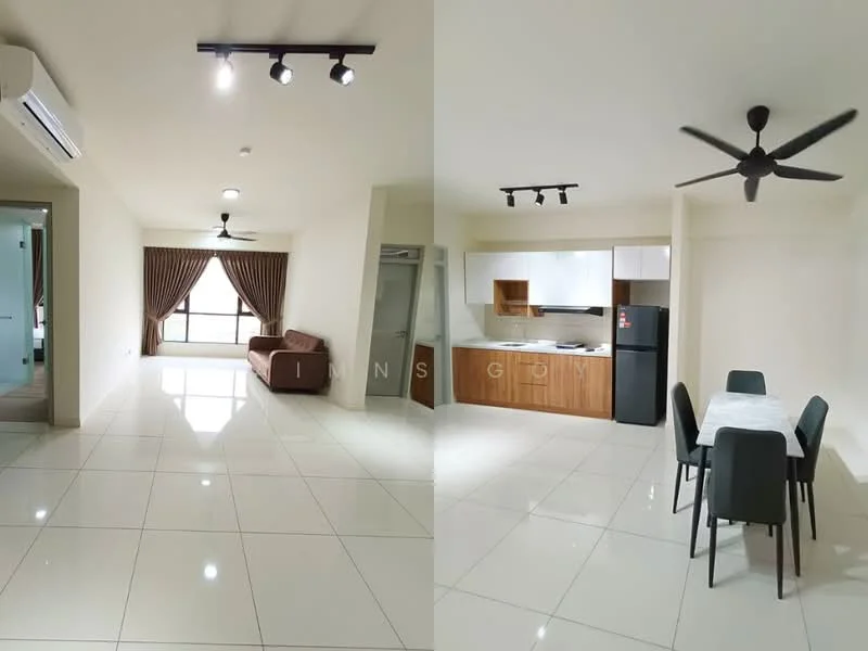 Living features: white painted walls, glossy ceramic tile flooring, 5-blade ceiling fan with light, floor-to-ceiling windows, curtains, sofa in brown, recessed downlights; style: modern; view: city. Kitchen features: white cabinetry, wooden countertop, stainless-steel fridge, built-in oven, freestanding range oven, dining table with 4 chairs, ceramic tile backsplash; style: modern.