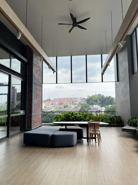Living features: large floor-to-ceiling windows, grey accent wall, exposed brick wall, wooden ceiling beams, 5-blade ceiling fan, light wood flooring, modern sectional sofa in navy, wooden dining table, wooden chair, indoor plants, decorative stone seating, open layout, city view; style: modern; view: city.