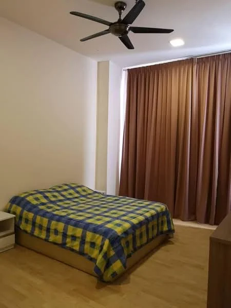 Bedroom features: queen-size bed with patterned bedding, wooden flooring, 5-blade ceiling fan, floor-to-ceiling windows, brown curtains, nightstand, wooden dresser.