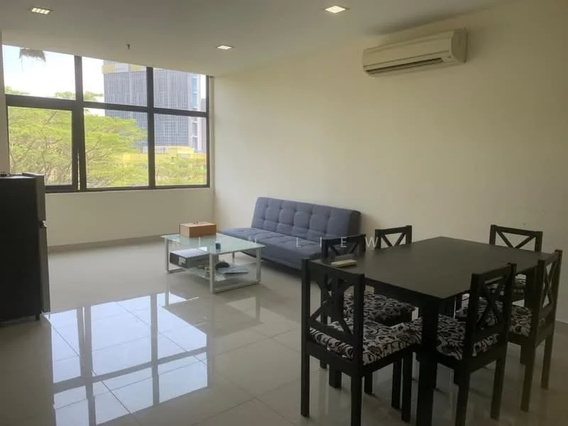 Living features: grey fabric sofa, glass coffee table, black dining table, 4 black dining chairs with patterned upholstery, floor-to-ceiling windows, white painted walls, tile flooring, 1 wall-mounted split AC, recessed downlights; style: modern; view: city.