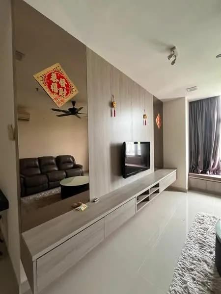 Living features: grey wall with wooden paneling, wall-mounted TV, light-colored TV console with storage, 3-seater leather sofa in brown, round glass coffee table, area rug with geometric pattern, ceiling fan, large window with sheer curtains, decorative wall hangings, recessed lighting; style: modern.