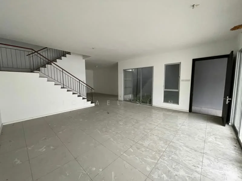 Room features: grey tiled flooring, white painted walls, staircase with metal railing, large windows, sliding glass door, open layout, high ceiling, no visible furniture; style: modern.