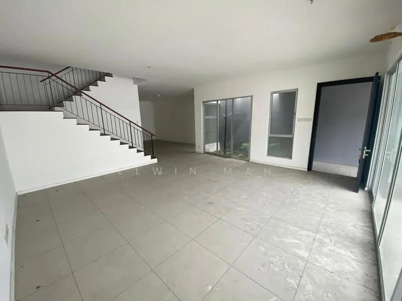 Room features: white painted walls, grey tiled flooring, staircase with metal railing, large windows, sliding glass door, natural light, open layout, corner space, minimalist design; style: modern; view: garden.