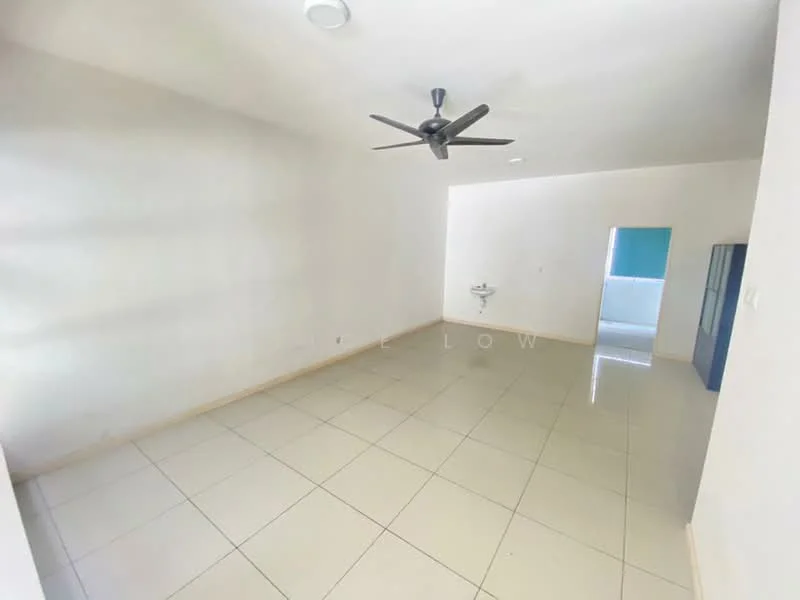 Room features: white painted walls, glossy ceramic tile flooring, 5-blade ceiling fan, single sink, doorway leading to another room, window with no visible treatment, light fixture on ceiling; style: minimalist.