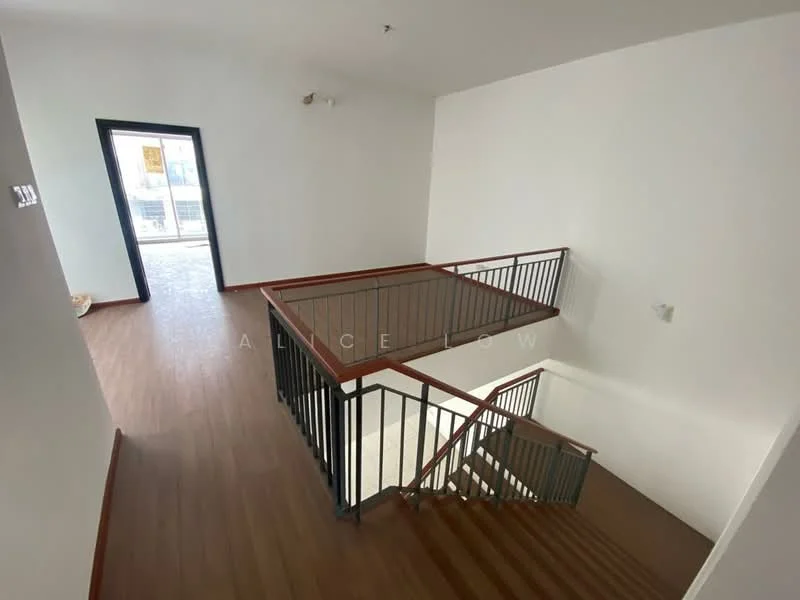 Room features: wooden flooring, white painted walls, black metal railing, staircase, large window, door leading outside, open space, natural light; style: modern.