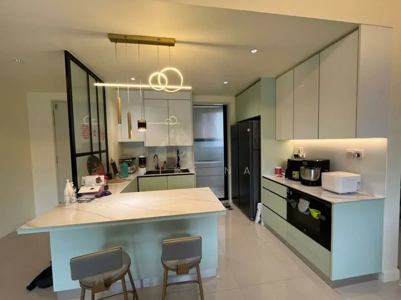 Kitchen features: island countertop with marble surface, light green cabinetry, white upper cabinets, stainless-steel refrigerator, built-in oven, microwave, kitchen sink, chrome pull-down faucet, pendant lighting with circular design, glass partition wall, tile flooring, recessed downlights; style: modern.