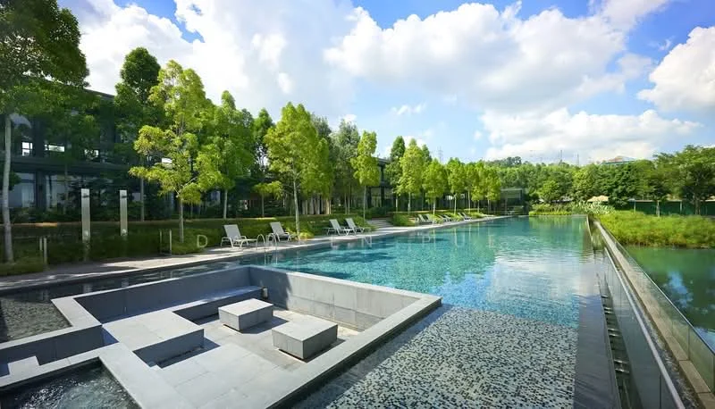 Exterior type: swimming pool deck; features: infinity pool, pool deck with loungers, landscaped garden with trees, stone-paved walkway, water feature with seating area, surrounding greenery, clear blue sky, sunny weather; style: modern.