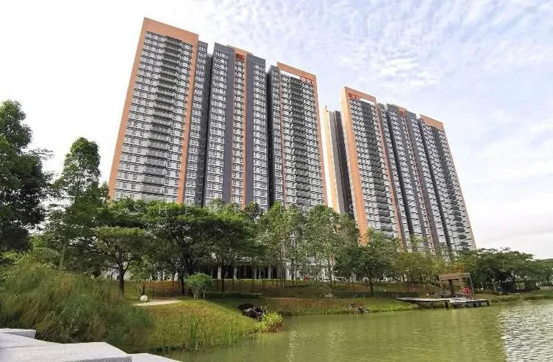 Exterior type: high-rise condominium; features: glass curtain wall, orange and grey facade, approximately 20-storey high-rise, surrounded by mature greenery, manicured lawn, pond in front of building, outdoor seating area, landscaped garden; style: modern.