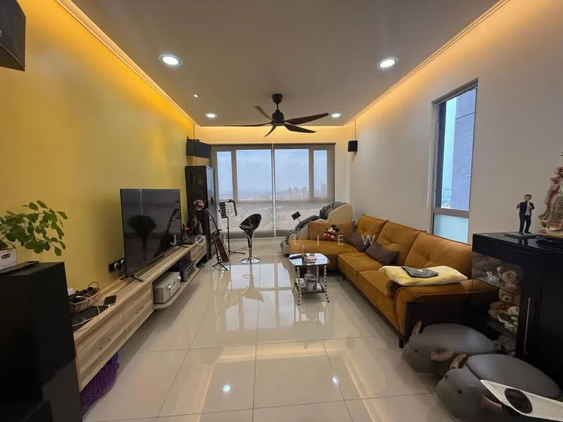 Living features: yellow accent wall, white painted walls, glossy tile flooring, 5-blade ceiling fan with light, sofa in mustard yellow, coffee table, wall-mounted TV, entertainment unit, floor-to-ceiling windows, sheer curtains, decorative figurines, houseplants in pots, LED strip lighting; style: modern; view: city.