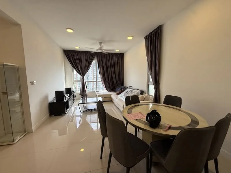 Living features: white painted walls, glossy tile flooring, 5-blade ceiling fan with light, large windows with city view, dark brown curtains, sofa, coffee table, TV console, wall-mounted TV, dining table with circular top, 4 upholstered dining chairs; style: modern; view: city.