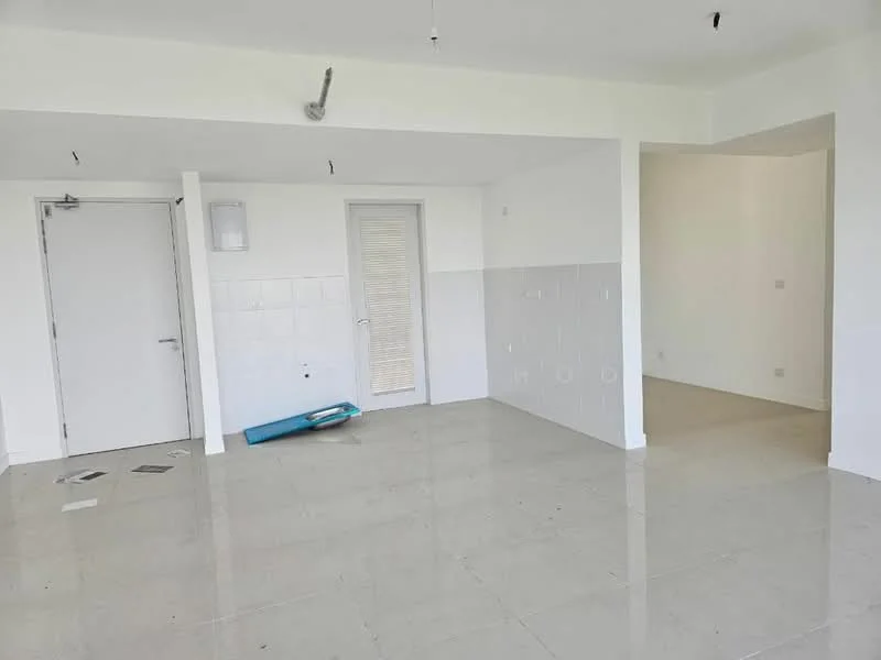Room features: white painted walls, light grey tiled flooring, door with handle, sliding door, wall with white tiles, plain ceiling, no visible furniture, empty space; style: modern.