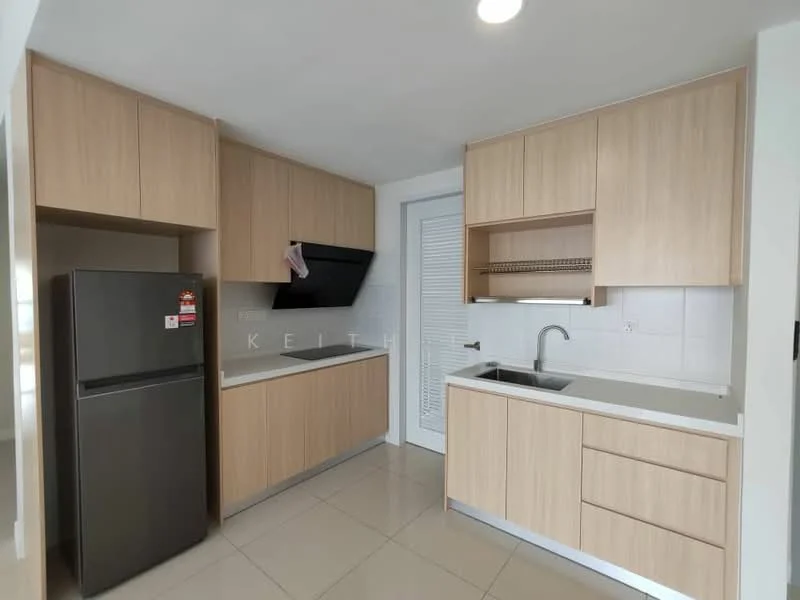Kitchen features: light wood cabinetry, white countertop, stainless-steel sink, chrome pull-down faucet, built-in oven, black range hood, fridge, open shelving, tile flooring, recessed downlights; style: modern.