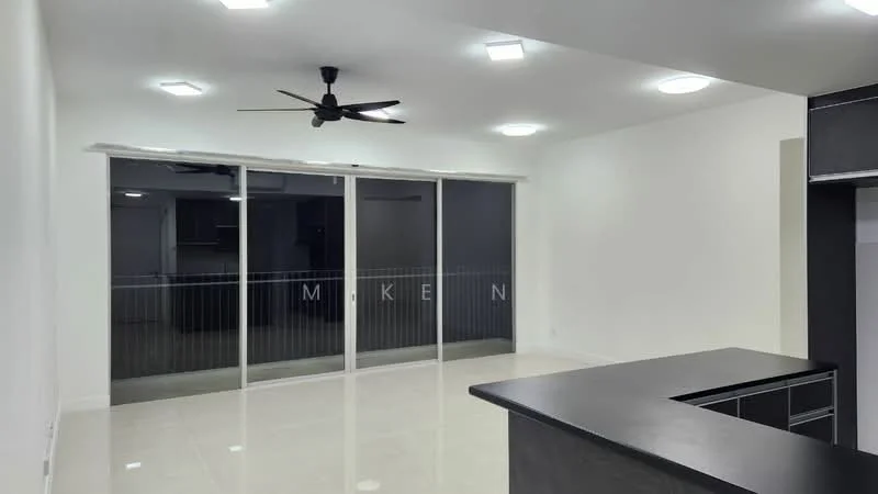 Living features: white painted walls, polished ceramic tile flooring, 5-blade ceiling fan with light, recessed LED downlights, sliding glass door, floor-to-ceiling windows, black countertop, kitchen island, balcony view; style: modern.