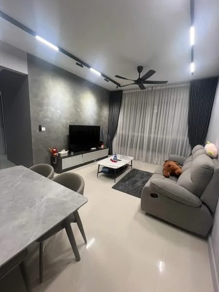 Living features: grey accent wall, white painted walls, recessed LED downlights, 5-blade ceiling fan with light, floor-to-ceiling windows with sheer curtains, light grey sofa, coffee table, area rug with geometric pattern, TV console, wall-mounted TV, decorative items on console; style: modern. Dining features: marble dining table, 4 dining chairs, open layout to living area; style: modern.