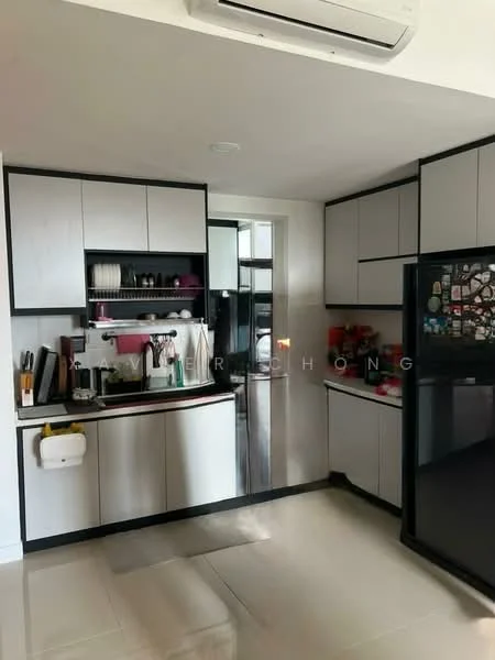 Kitchen features: white cabinetry with black trim, stainless-steel sink, chrome pull-down faucet, built-in oven, freestanding fridge, ceramic tile flooring, recessed downlights, open shelving, countertop with under-mount sink, kitchen island, microwave, dishwasher, wall-mounted split AC; style: modern.