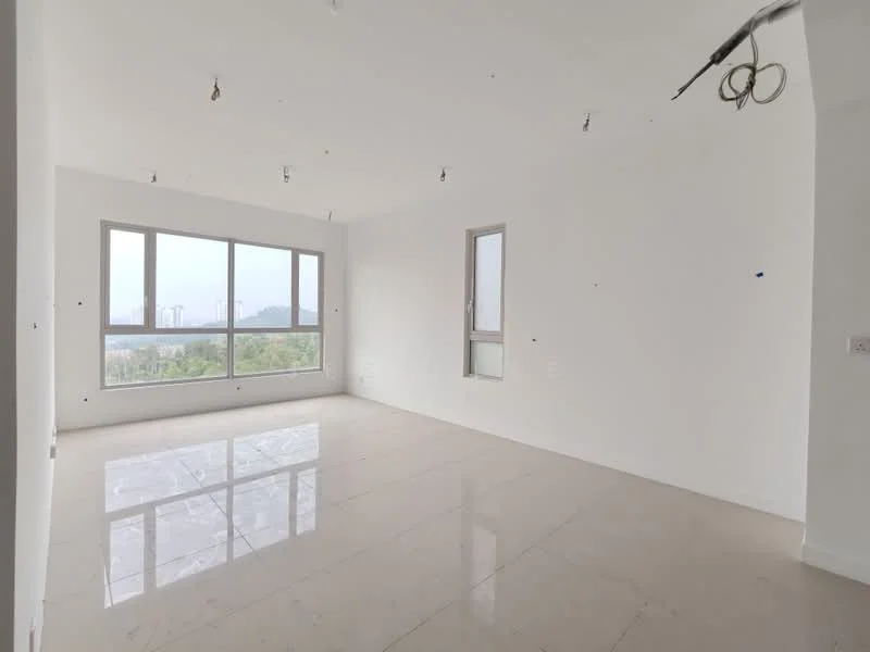 Room features: white painted walls, polished tile flooring, large floor-to-ceiling windows, natural light from windows, minimalist design, no visible furniture, unfurnished space, view of greenery outside; style: modern; view: garden.