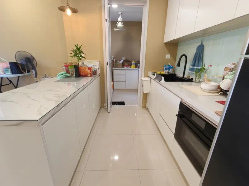 Kitchen features: white cabinetry, marble countertop, black built-in oven, stainless-steel sink, chrome pull-down faucet, ceramic tile flooring, recessed downlights, wall-mounted fan, open shelving, kitchen utensils and appliances on countertop; style: modern.