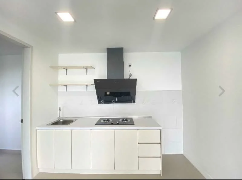 Kitchen features: white cabinetry with flat-panel doors, stainless-steel sink, chrome pull-down faucet, built-in gas hob with two burners, black range hood, white tiled backsplash, open shelving above countertop, light-colored countertop, neutral wall color, recessed LED downlights; style: modern.