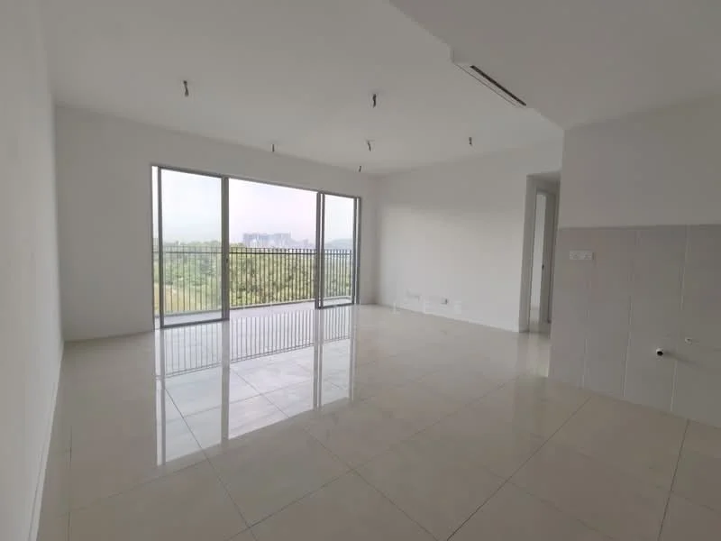 Living features: white painted walls, glossy ceramic tile flooring, floor-to-ceiling windows, balcony access, recessed downlights, neutral color scheme, open layout, no visible furniture; style: modern; view: garden.