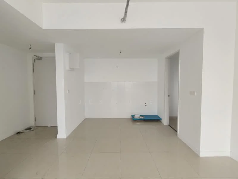 Room features: white painted walls, cream tiled flooring, door leading to hallway, door leading to another room, wall-mounted air conditioning unit, ceiling light fixture, empty space, baseboards; style: modern.