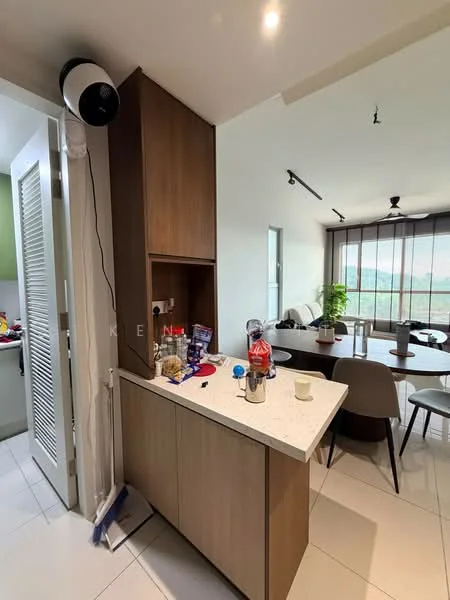 Kitchen features: wood cabinetry, white countertop, stainless-steel sink, chrome faucet, open shelving, appliances visible, tile flooring, recessed lighting; style: modern; view: city. Dining features: 6-seater dining table, upholstered dining chairs, large windows, greenery visible outside; style: modern; view: city.