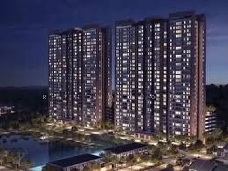 Exterior type: high-rise condominium; features: glass curtain wall, illuminated facade, balconies on each unit, surrounding landscaping, swimming pool visible in foreground, multiple storeys, parking area in front, nighttime lighting, manicured gardens; style: modern.