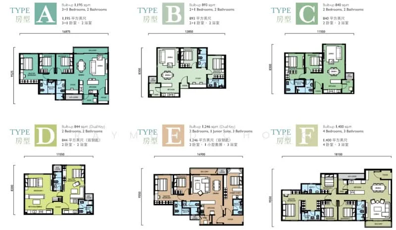 Floor plan: 3-bedroom 2-bathroom unit; features: open-plan kitchen-dining-living, master bedroom with ensuite bathroom, balcony off living room, utility room, laundry area, central foyer, 2 car porch, 1,250 sqft built-up.
