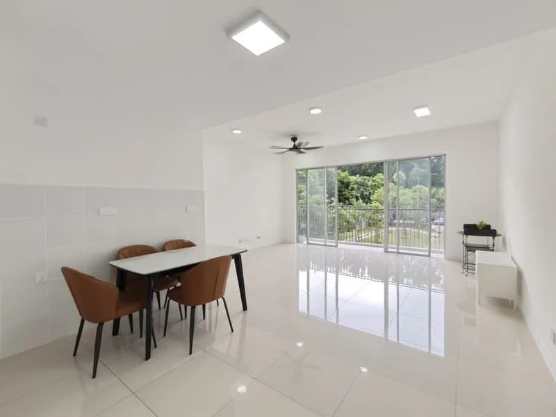 Dining features: white painted walls, glossy ceramic tile flooring, 5-blade ceiling fan with light, large sliding glass door, floor-to-ceiling windows, dining table with white top, 4 brown upholstered dining chairs, recessed LED downlights; style: modern; view: garden.