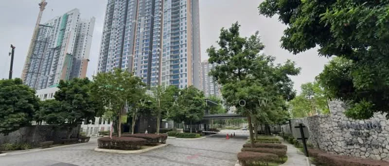 Exterior type: high-rise condominium; features: tall residential building, manicured landscaping, paved walkway, mature trees, stone wall, entrance driveway, surrounding greenery; style: modern.
