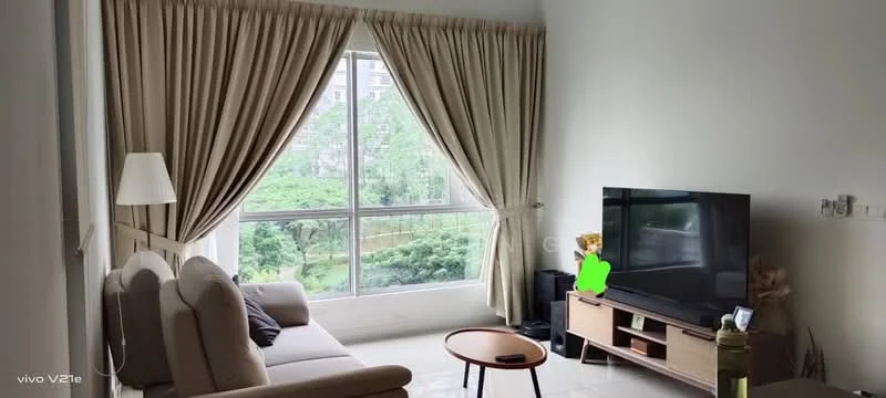 Living features: floor-to-ceiling windows, light beige curtains, 3-seater fabric sofa in light grey, wooden coffee table, TV console, wall-mounted TV, decorative plant, green view from window, laminate flooring, wall-mounted speaker; style: modern; view: garden.