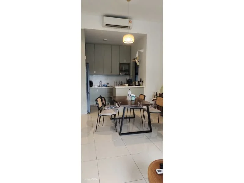Dining features: dining table with black metal frame, 4 dining chairs with wooden legs, white walls, tile flooring, recessed downlights, air conditioning unit on wall, pendant light fixture, open kitchen layout, kitchen cabinetry in grey, stainless-steel fridge, countertop with kitchen appliances; style: modern.