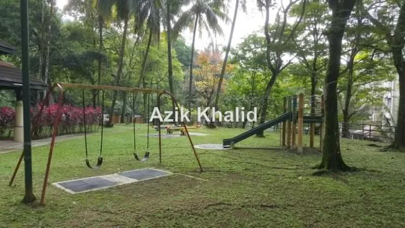Exterior type: landscape garden; features: playground area, swing set, slide, manicured lawn, mature trees, flowering plants, play equipment, shaded seating area; style: tropical-modern.