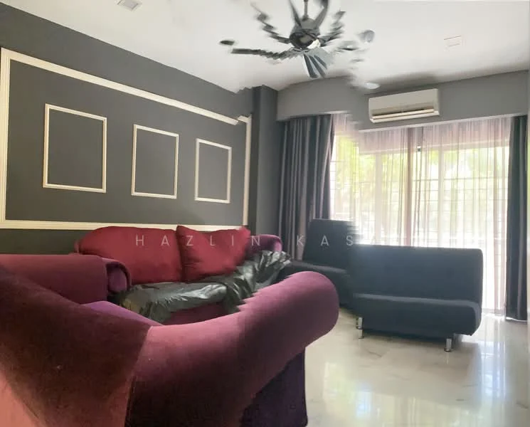 Living features: 3-seater fabric sofa in maroon, 2-seater fabric sofa in black, ceiling fan with 5 blades, wall-mounted split AC, floor-to-ceiling windows with sheer curtains, marble flooring, grey painted walls with decorative moulding, dark curtains, decorative wall panels; style: modern; view: garden.