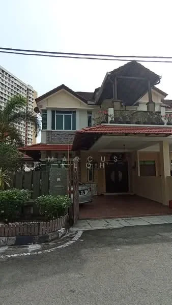 Exterior type: semi-detached house; features: two-storey structure, red tiled roof, white painted facade, stone cladding on lower level, balcony with wooden railing, manicured garden with shrubs, paved driveway, car porch, surrounded by greenery, adjacent to high-rise buildings; style: modern.