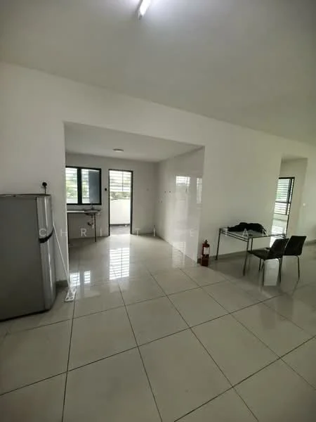 Room features: white painted walls, glossy tile flooring, large windows, sliding glass door, stainless-steel fridge, dining table with chairs, fire extinguisher, open layout; style: modern; view: garden.