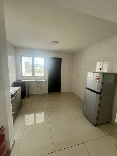 Kitchen features: white tiled walls, glossy beige floor tiles, single-bowl stainless-steel sink, chrome pull-down faucet, stainless-steel fridge, built-in kitchen cabinets, window with view, ceiling light fixture; style: modern; view: city.