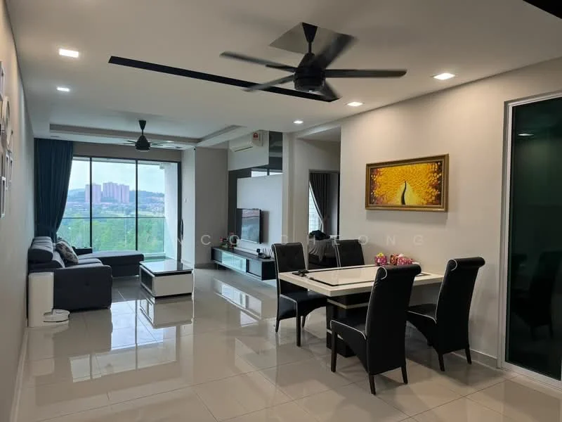 Living features: 3-seater fabric sofa in grey, coffee table, wall-mounted TV, entertainment unit, area rug, 5-blade ceiling fan with light, floor-to-ceiling windows, curtains, marble tile flooring, decorative artwork; style: modern; view: city. Dining features: 6-seater dining table, upholstered dining chairs, pendant light, marble tile flooring; style: modern; view: city.